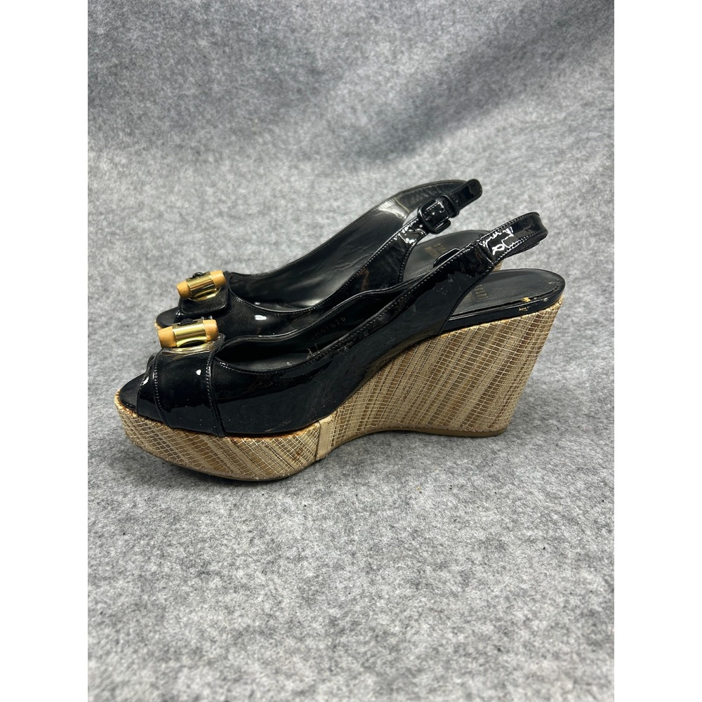 Stuart Weitzman Womens Slingback Wedge 8 Black Patent Leather Bamboo Detail - Picture 5 of 8
